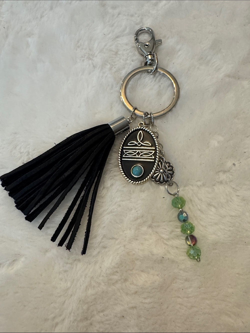 Black Tassel Keychain with Turquoise Accent and Green Bead Dangle